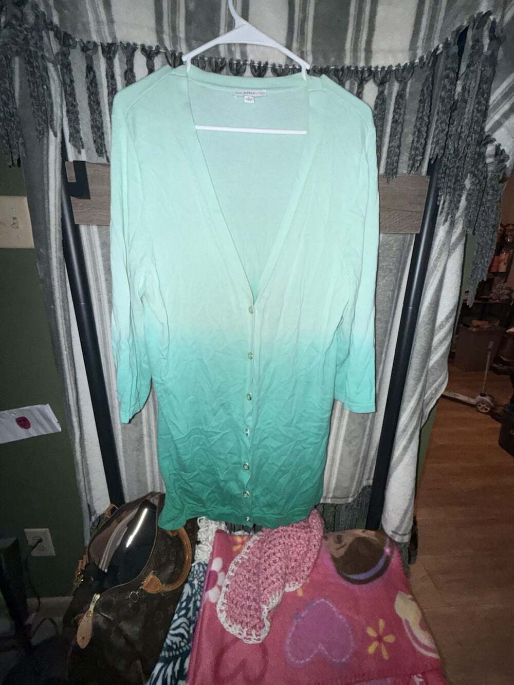 Isaac Mizrahi Live Cardigan Size L Green Ombre Dip Dye Button Down Sweater